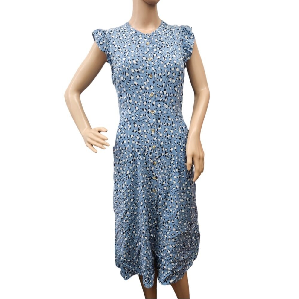 Whistles Flutter Sleeve Button-Down Front Midi Dress in Leopard Print Blue